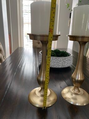 Pottery Barn Gold Metal Pillar Candle Holders with White Candles